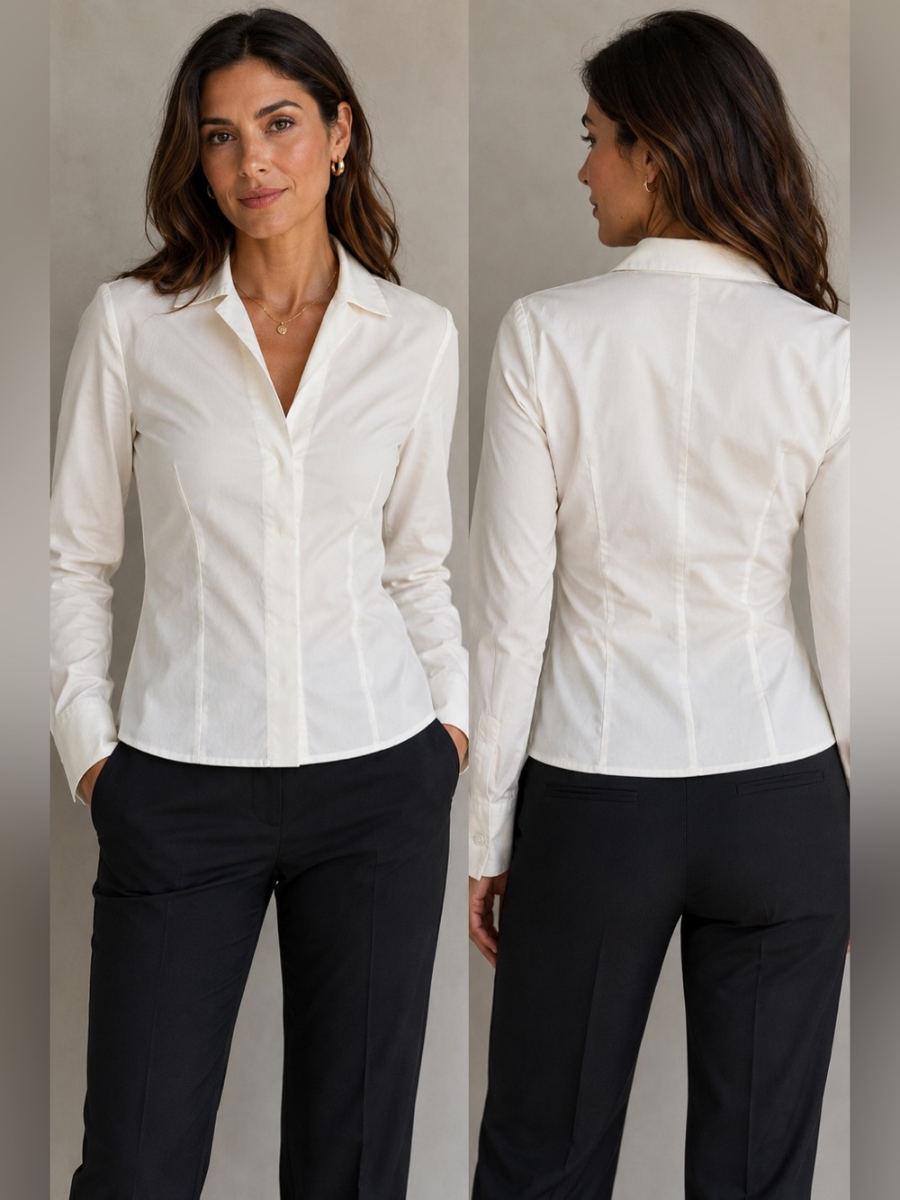 Akris Ivory Snap Front Stretch Cotton Blouse Shirt Size M Minimalist Business